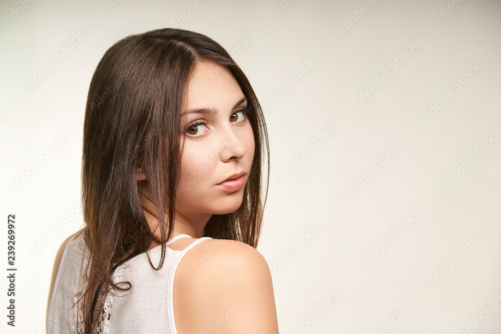 Naklejka premium Beauty cosmetology face. Girl facial portrait. Hydra cream and injection. Dermatology female model. Young woman