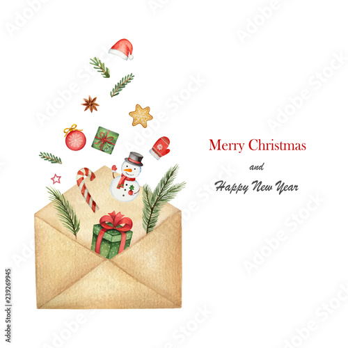 Watercolor vector postal envelope with green spruce branches with gifts and toys.