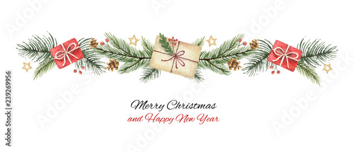 Watercolor vector Christmas wreath with green fir branches and gift.