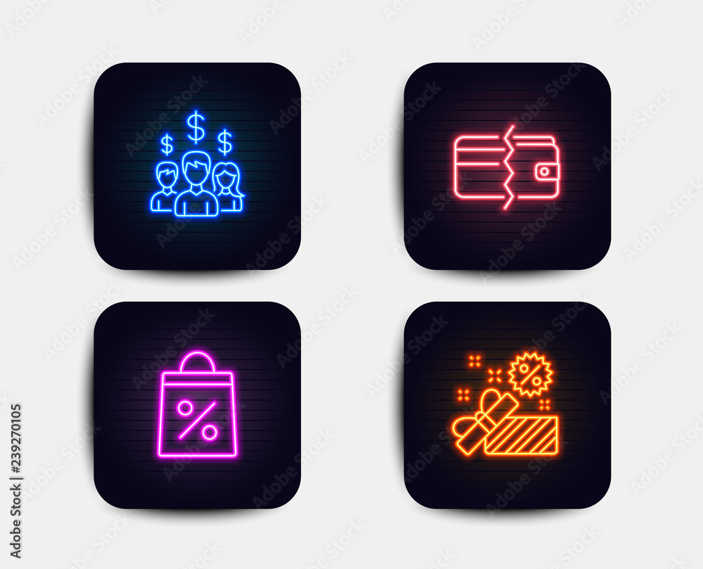 Neon glow lights. Set of Payment methods, Salary employees and Shopping bag icons. Sale sign. Wallet cash, People earnings, Supermarket discounts. Gift box. Neon icons. Glowing light banners. Vector Neon glow lights. Set of Payment methods, Salary employees and Shopping bag icons. Sale sign. Wallet cash, People earnings, Supermarket discounts. Gift box. Neon icons. Glowing light banners. Vector