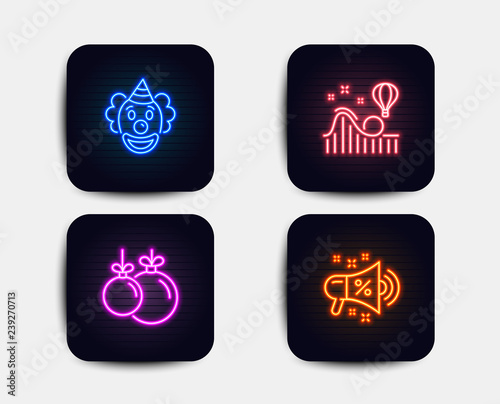 Neon glow lights. Set of Clown, Christmas ball and Roller coaster icons. Sale megaphone sign. Funny performance, Decoration, Attraction park. Shopping. Neon icons. Glowing light banners. Vector