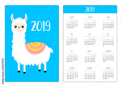 Cute alpaca llama. Simple pocket calendar layout 2019 new year. Vertical orientation. Week starts Sunday. Cartoon funny kawaii baby character. Flat design. Blue background.
