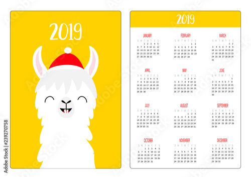Alpaca llama face head. Red hat, scarf. Pocket calendar layout 2019 new year. Vertical orientation. Week starts Sunday. Cute cartoon funny kawaii baby character. Flat design. Yellow background.