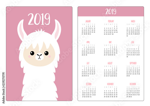 Cute llama alpaca face head. Simple pocket calendar layout 2019 new year. Vertical orientation. Week starts Sunday. Cartoon kawaii funny baby character. Flat design. Pink background.
