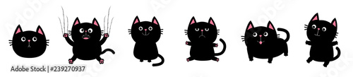 Black fat cat set. Nail claw scratch, sitting, smiling. Cute cartoon kawaii funny character. Excoriation track line. Baby pet collection. White background. Isolated. Flat design