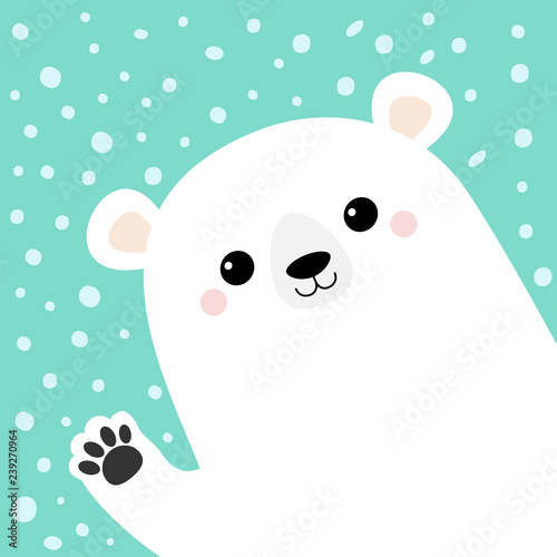 White polar bear waving hand paw print. Cute cartoon funny kawaii baby character. Merry Christmas Greeting Card. Flat design. Blue snow background. Greeting card.