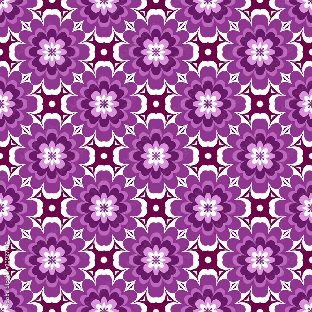Seamless floral pattern from purple and white geometrical abstract ornaments on a dark background. Vector illustration can be used for textiles, wallpaper and wrapping paper