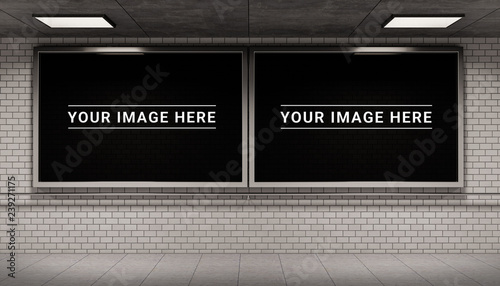 Fototapeta Naklejka Na Ścianę i Meble -  Two billboards frames in underground tube station mockup 3D rendering