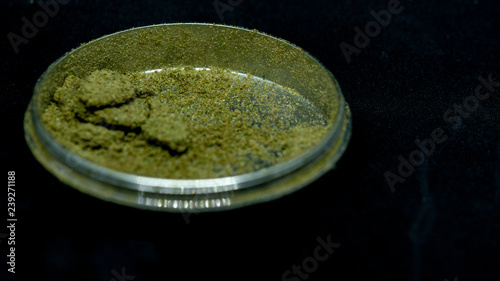 Cannabis weed grinder with Kief indica in black background