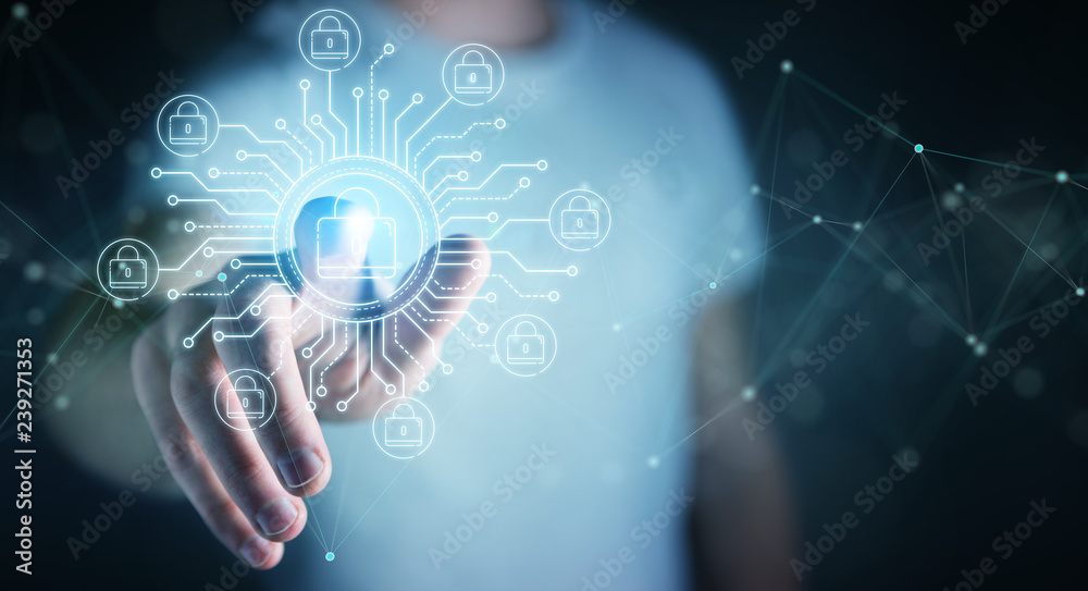 Businessman protecting his datas with thin line security interface Businessman protecting his datas with thin line security interface