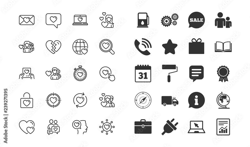 Fototapeta premium Love line icons. Couple, Romantic and Heart signs. Valentines day symbols. Divorce or Break up. Information, calendar and call phone icons. Vector