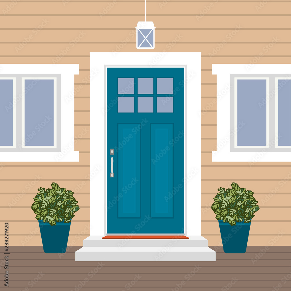 House door front with doorstep and steps, window, - vector clip art