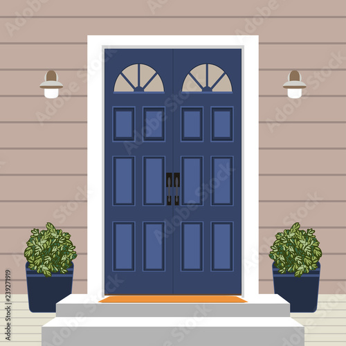 House door front with doorstep and mat, steps, window, lamp, flowers, building entry facade, exterior entrance design illustration vector in flat style