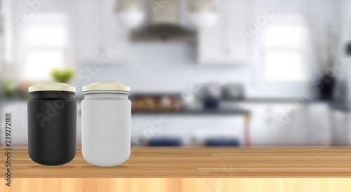 realistic jam jar, fruit jar packaging mockup on wood table and blur kitchen selective focus.For montage product display.3d illustration