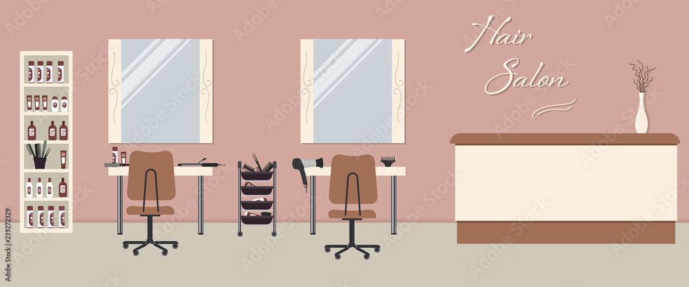 Hair salon interior in a pink color. Beauty salon. There are tables, chairs, mirrors and shelves with hairdressing accessories in the image. There is also text "Hair Salon" on the wall. Vector - obrazy, fototapety, plakaty 