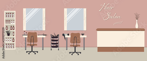 Hair salon interior in a pink color. Beauty salon. There are tables, chairs, mirrors and shelves with hairdressing accessories in the image. There is also text "Hair Salon" on the wall. Vector