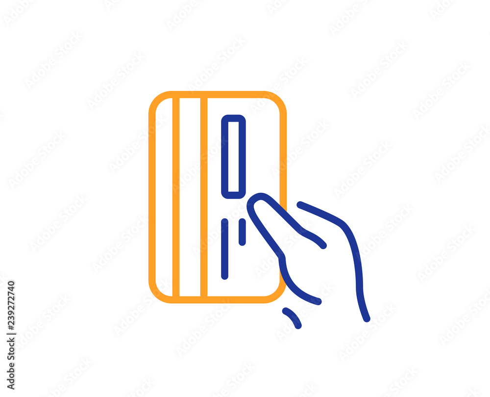 Credit card line icon. Hold Banking Payment card sign. ATM service symbol. Colorful outline concept. Blue and orange thin line color icon. Payment card Vector Credit card line icon. Hold Banking Payment card sign. ATM service symbol. Colorful outline concept. Blue and orange thin line color icon. Payment card Vector