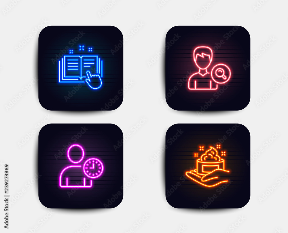 Neon set of Search people, Time management and Technical documentation icons. Skin care sign. Find profile, User with clock, Manual. Hand cream. Neon icons. Glowing light banners. Vector