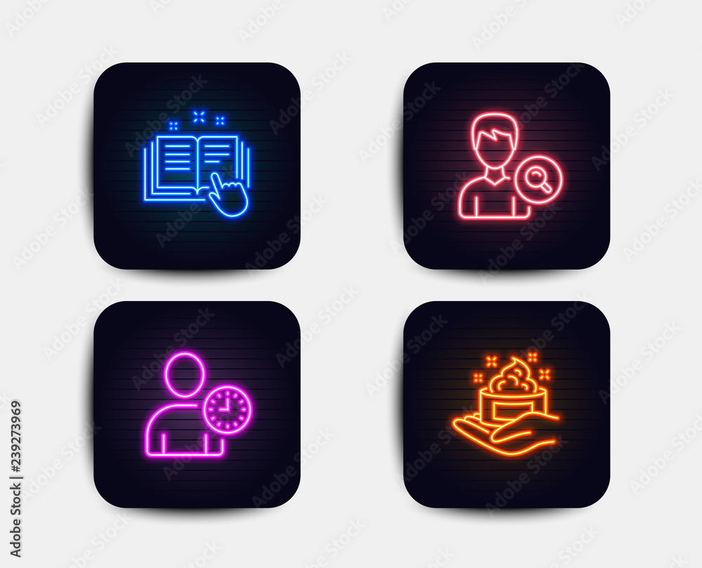 Neon set of Search people, Time management and Technical documentation icons. Skin care sign. Find profile, User with clock, Manual. Hand cream. Neon icons. Glowing light banners. Vector Neon set of Search people, Time management and Technical documentation icons. Skin care sign. Find profile, User with clock, Manual. Hand cream. Neon icons. Glowing light banners. Vector