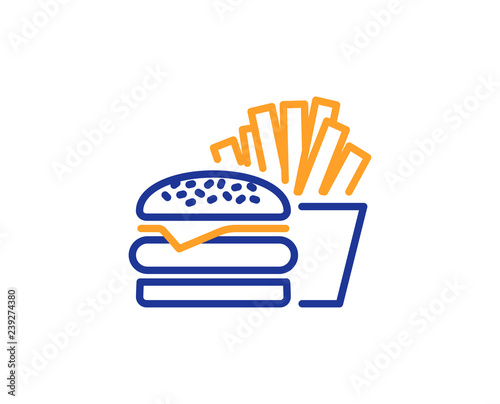 Burger with fries line icon. Fast food restaurant sign. Hamburger or cheeseburger symbol. Colorful outline concept. Blue and orange thin line color icon. Burger Vector