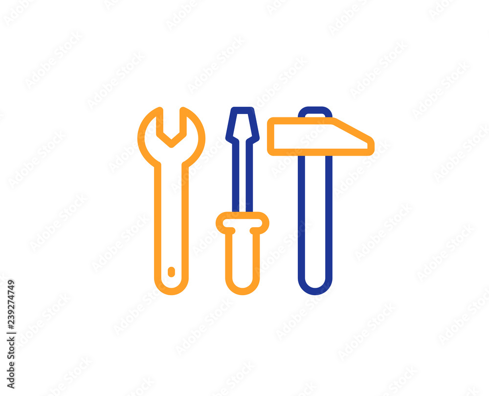 Spanner, hammer and screwdriver line icon. Repair service sign. Fix instruments symbol. Colorful outline concept. Blue and orange thin line color Spanner tool icon. Vector