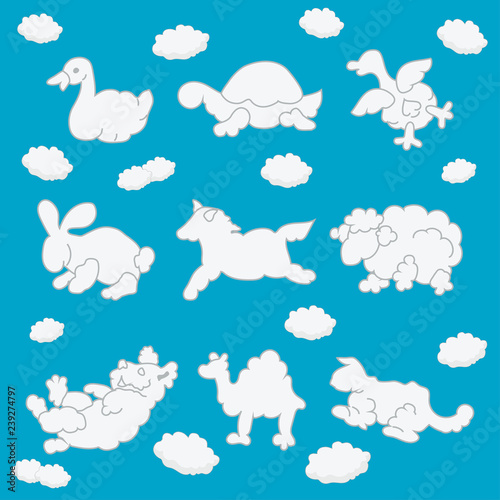 Set of cute clouds in the form of different animals on blue background. Vector hand drawn illustration.