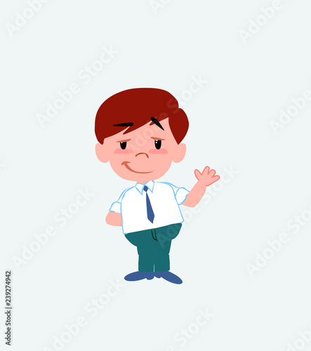 Businessman in casual style waving with a dreamy expression.