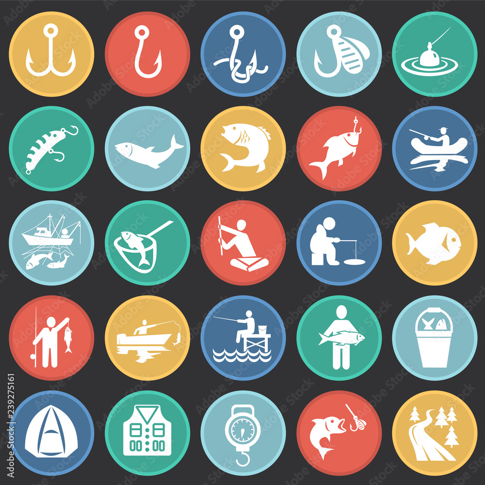 Fishing icon set on color circles black background for graphic and web design, Modern simple vector sign. Internet concept. Trendy symbol for website design web button or mobile app