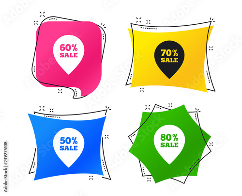 Sale pointer tag icons. Discount special offer symbols. 50%, 60%, 70% and 80% percent sale signs. Geometric colorful tags. Banners with flat icons. Trendy design. Vector