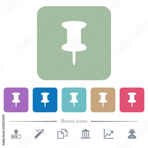 Push pin flat icons on color rounded square backgrounds