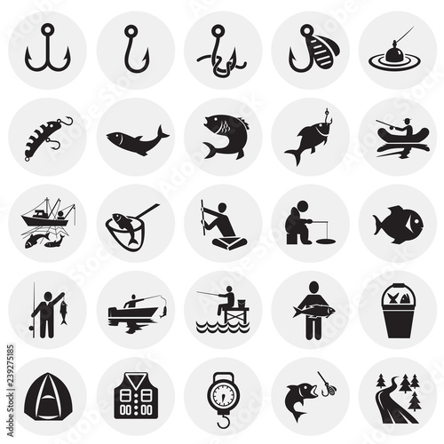 Fishing icon set on circles background for graphic and web design, Modern simple vector sign. Internet concept. Trendy symbol for website design web button or mobile app