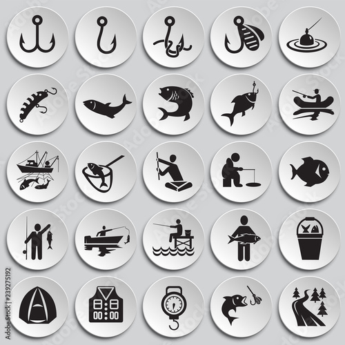 Fishing icon set on plates background for graphic and web design, Modern simple vector sign. Internet concept. Trendy symbol for website design web button or mobile app