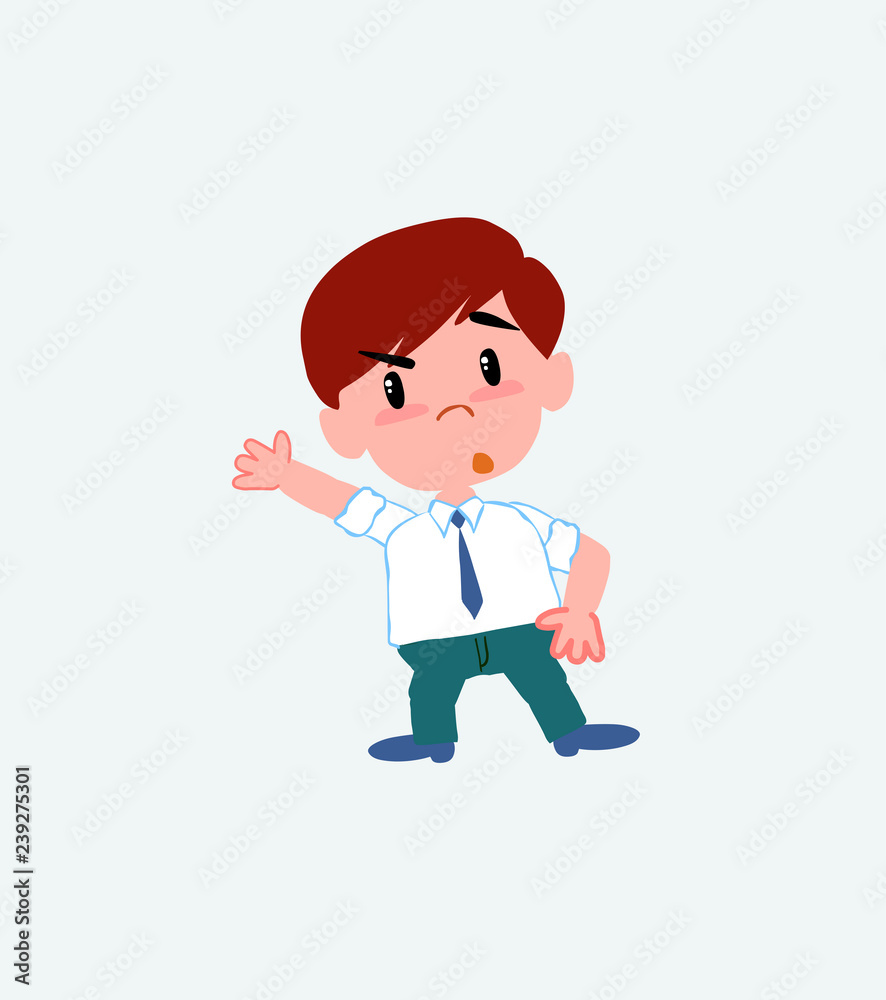 Businessman in casual style something angry shows something to his right. Businessman in casual style something angry shows something to his right.