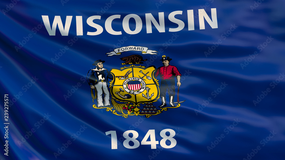 Wisconsin  state flag. Waving flag of Wisconsin  state, United States of America. - obrazy, fototapety, plakaty 