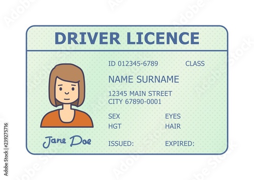 Car driver licence identification. Driving licence plastic card with woman photo. Flat style isolated. Vector illustration.