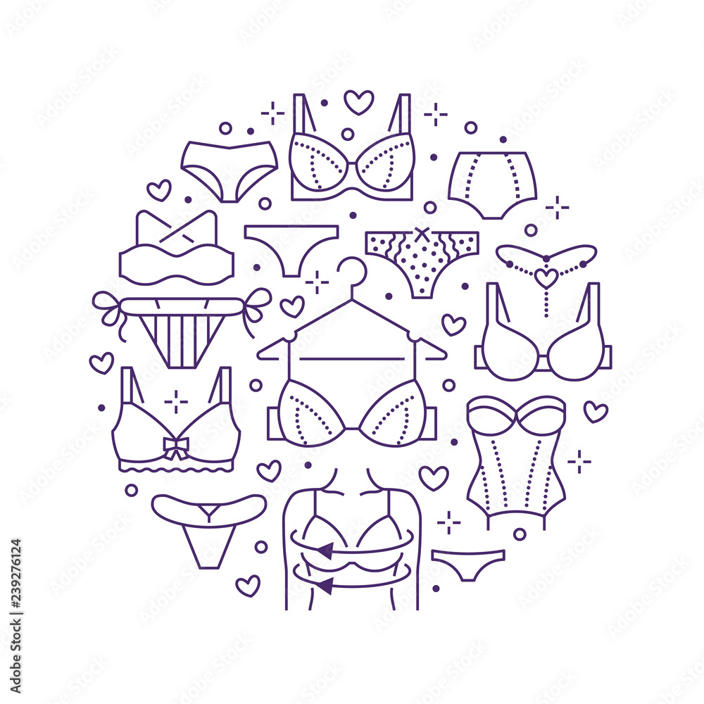 Lingerie circle poster with flat line icons of bra types, panties. Woman  underwear background, vector illustration of brassiere, bikini, swimwear.  Cute purple white concept for clothes store brochure Stock Vector