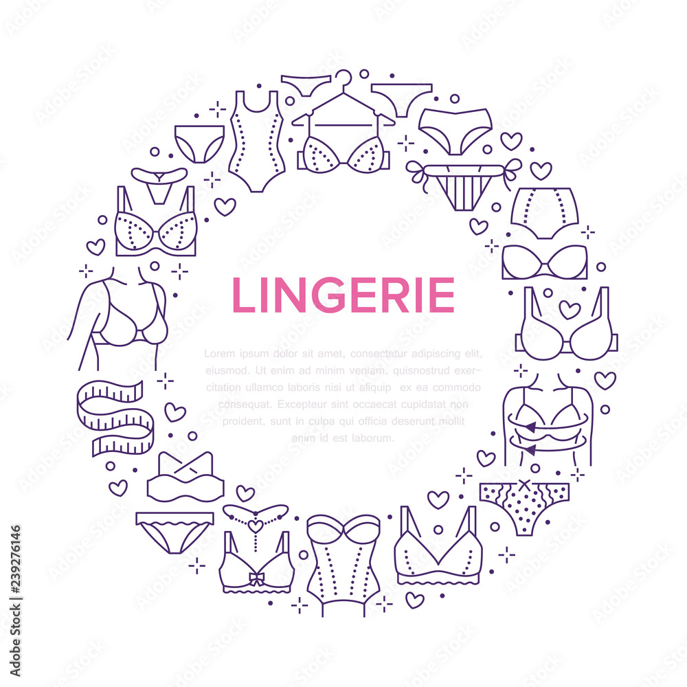 Lingerie circle poster with flat line icons of bra types, panties. Woman  underwear background, vector illustration of brassiere, bikini, swimwear.  Purple white concept for clothing store brochure Stock Vector