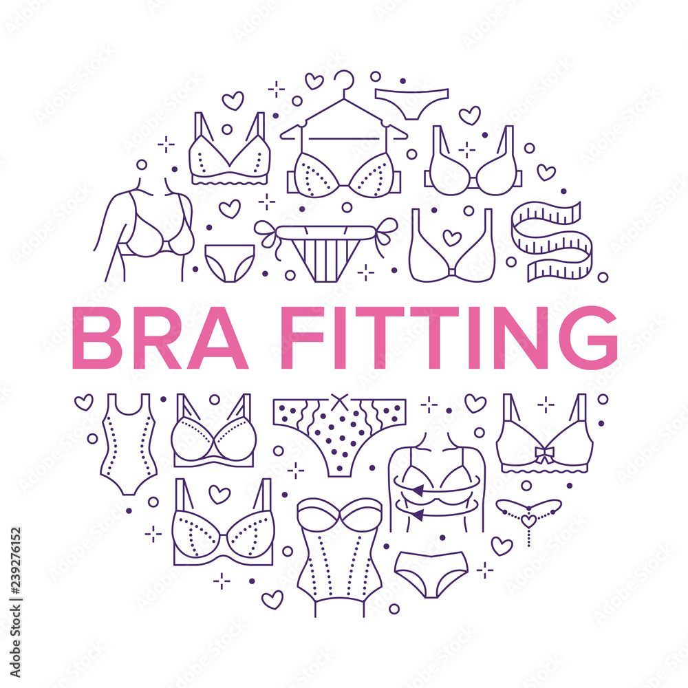 Lingerie circle poster with flat line icons of bras types, panties. Woman  underwear background, vector illustration of brassiere, bikini, swimwear.  Cute purple white concept for bra fitting brochure Stock Vector
