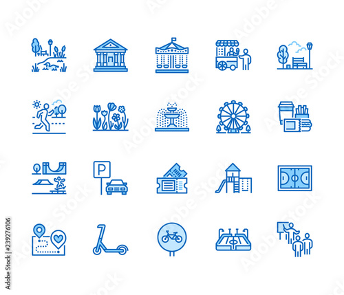 Park flat line icons set. Botanical garden, carousel, ferris wheel, museum, excursion, pond, street food, fountain vector illustrations. Thin signs for outdoors. Pixel perfect 64x64 Editable Strokes