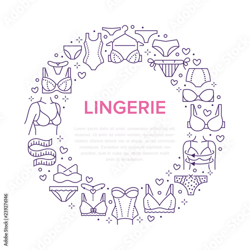 Lingerie circle poster with flat line icons of bra types, panties. Woman underwear background, vector illustration of brassiere, bikini, swimwear. Purple white concept for clothing store brochure