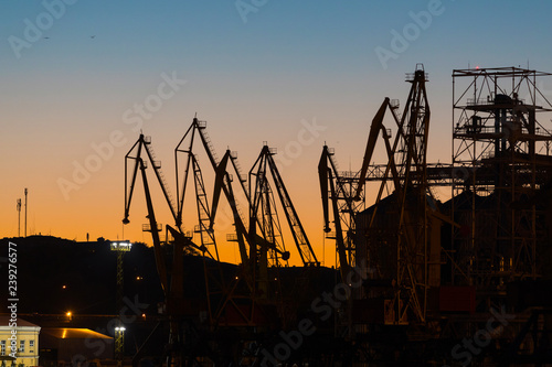 Cargo port cranes on a background of sunset sky