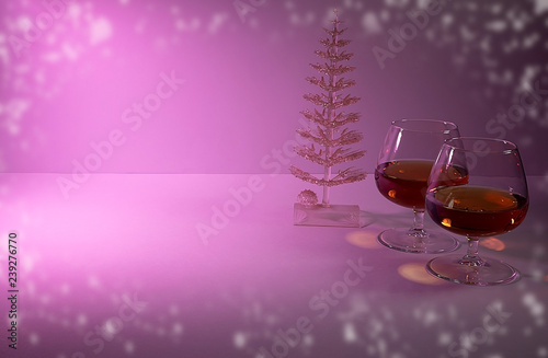 Glasses with cognac, crystal fir - decoration Christmas cards.