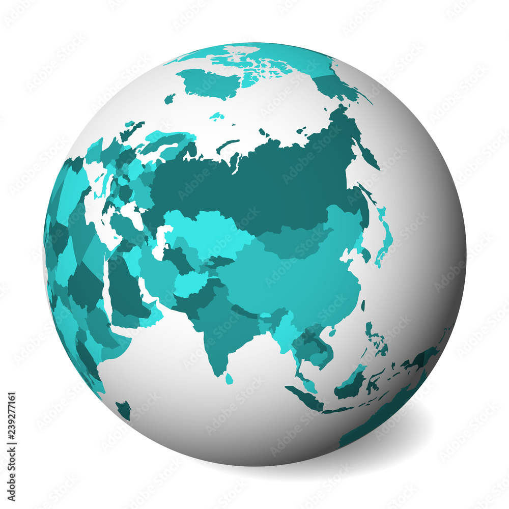 Blank political map of Asia. 3D Earth globe with turquoise blue map. Vector illustration.