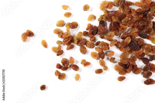 Raisins isolated on white background, top view