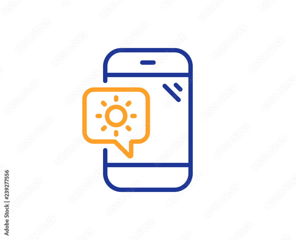 Weather phone line icon. Travel device sign. Holidays symbol. Colorful outline concept. Blue and orange thin line color Weather phone icon. Vector Weather phone line icon. Travel device sign. Holidays symbol. Colorful outline concept. Blue and orange thin line color Weather phone icon. Vector