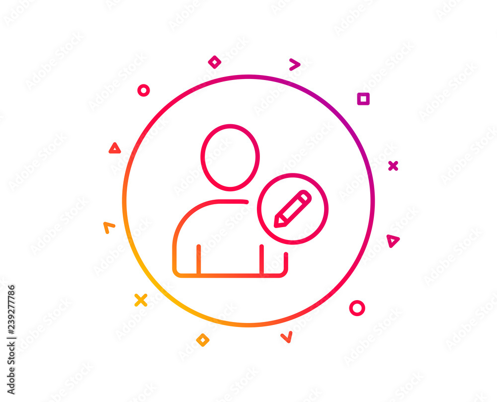 Edit User line icon. Profile Avatar with pencil sign. Person silhouette symbol. Gradient pattern line button. Edit user icon design. Geometric shapes. Vector Edit User line icon. Profile Avatar with pencil sign. Person silhouette symbol. Gradient pattern line button. Edit user icon design. Geometric shapes. Vector