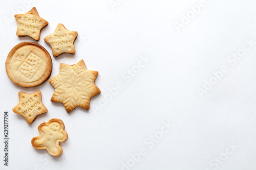 White christmas background with cookies, top view