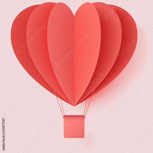 Happy valentines day typography vector illustration design with paper cut red heart shape origami made hot air balloons flying in sky background. Living coral colors. paper art and digital craft style