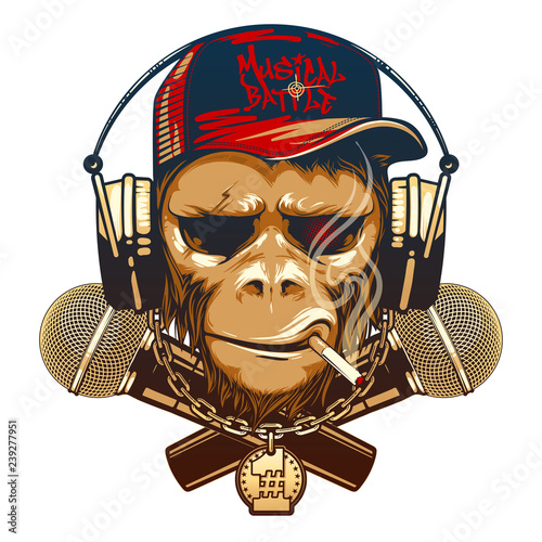 Photography Hipster monkey is a music lover with earphones and two microphones