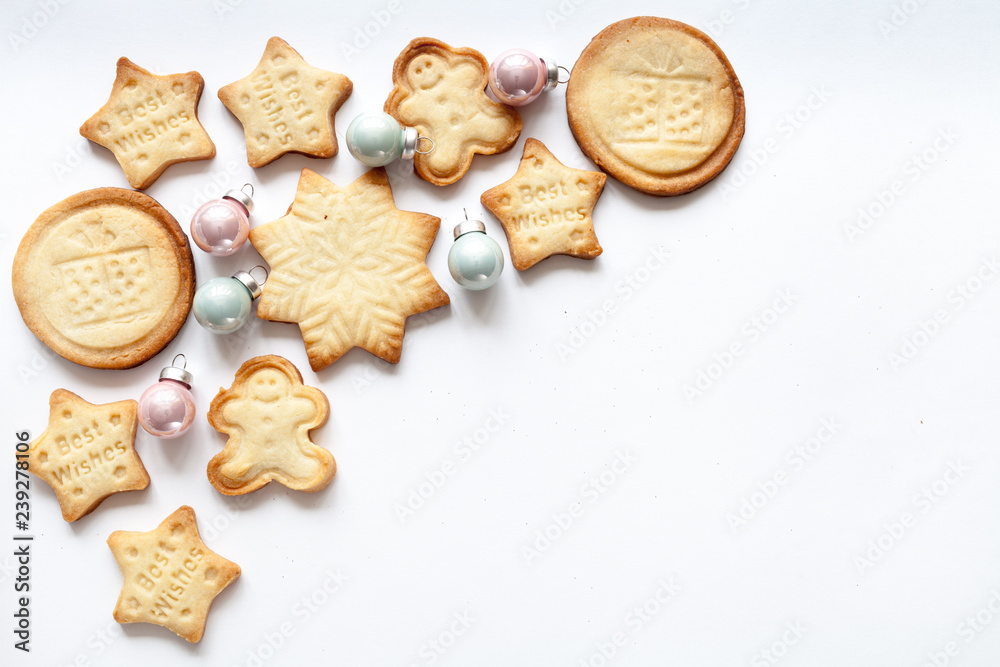 White christmas background with cookies, top view White christmas background with cookies, top view